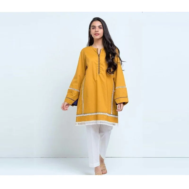 wholesale women kurta kurti indian In solid Orange Color over Laces at Front Daman and sleeve at With Button lawn cotton fabric