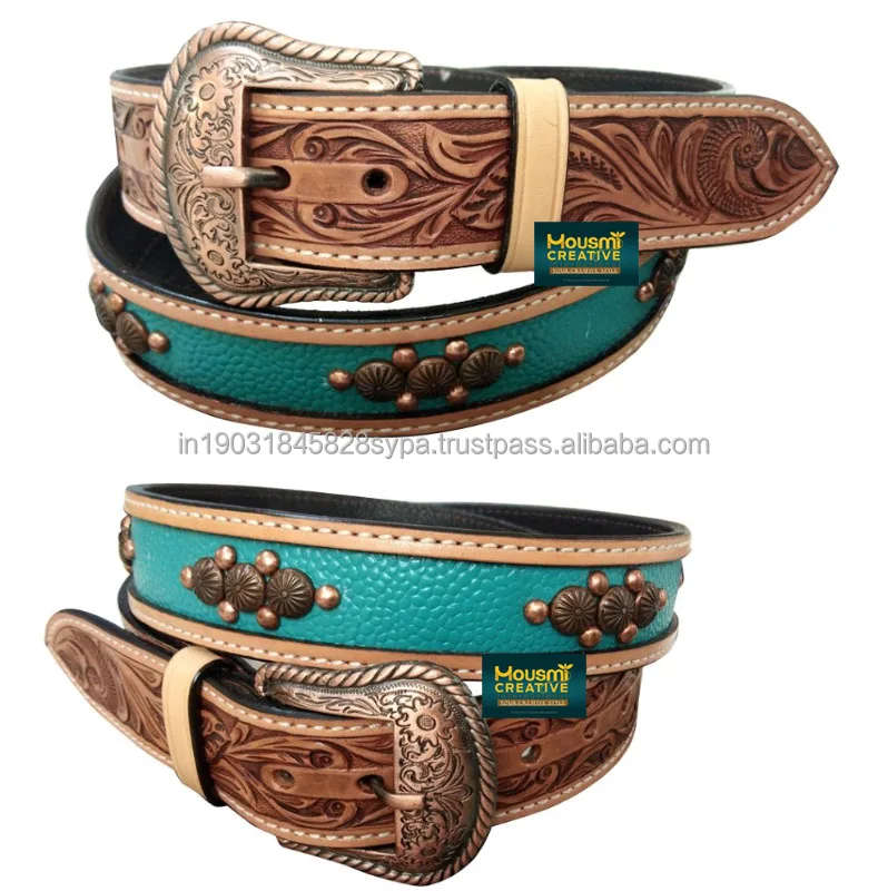 OEM Copper Studs Studded Turquoise Leather Inlay Genuine Cowhide Floral Engraved Unisex Cowboy Belt Decorative cowboy belt