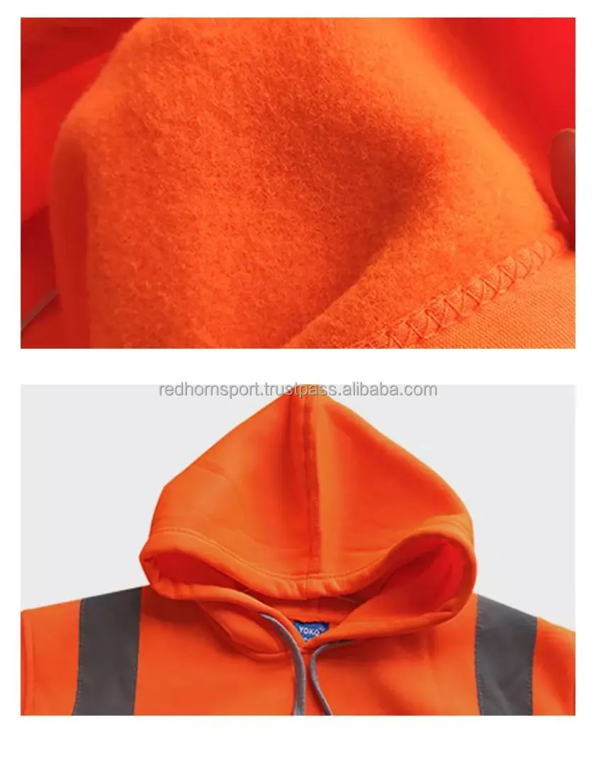 OEM High Visibility Jacket Customized Orange Lined Fleece Sweatshirts Men Work Reflective Safety Hoodie Zippered