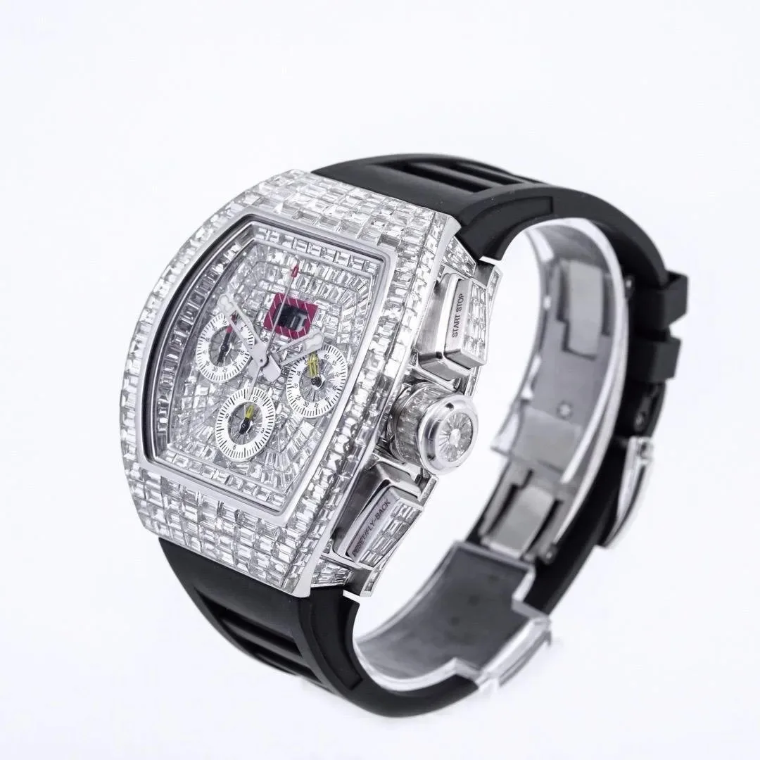 Highly Recommended Moissanite Diamond Watch Men Women Mechanical Bugatti Watch With Black Band Glass Dial Day Function Factory