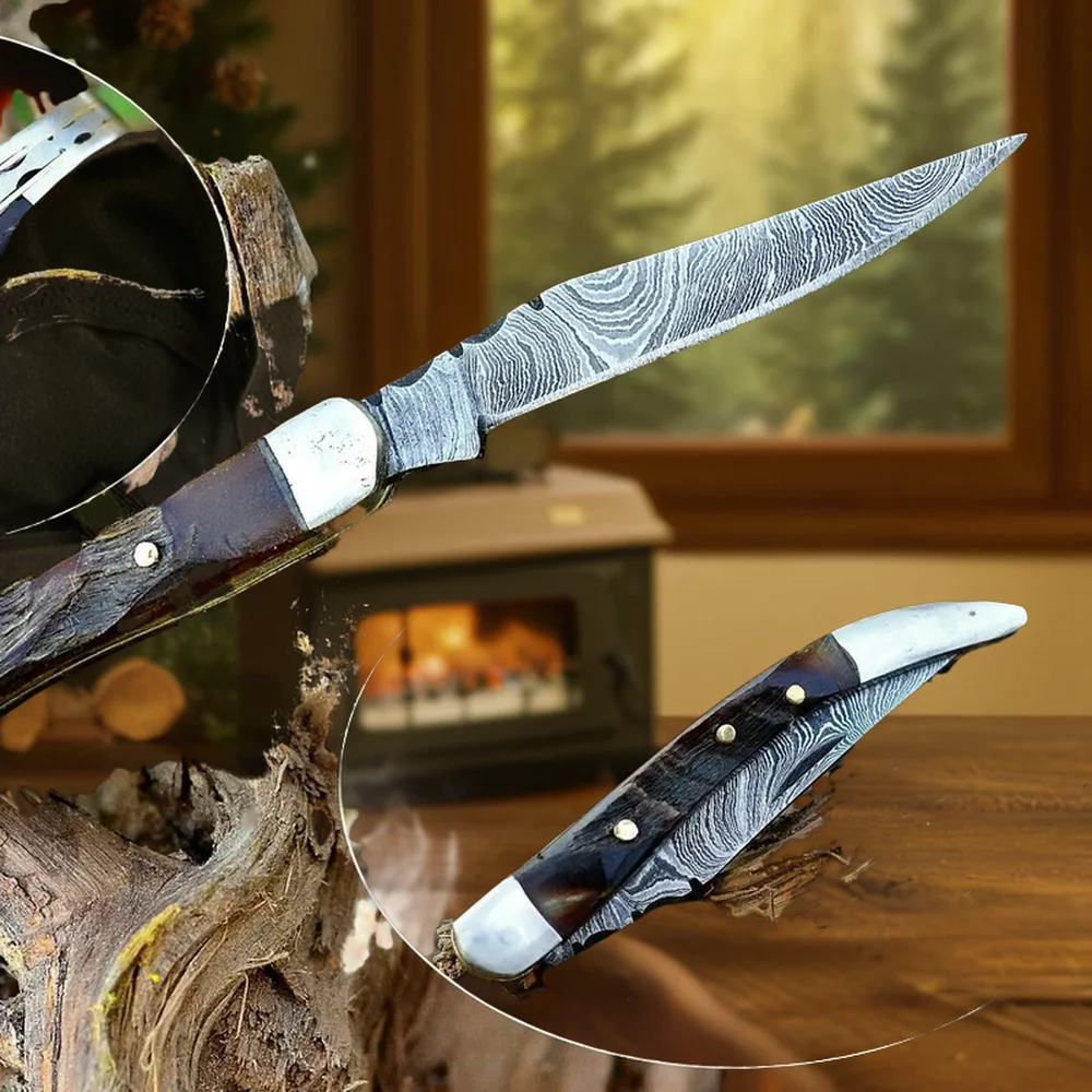 New Style CW-0754 Industrial Grade Folding Pocket Knife Outdoor Camping Hunting with Ram Horn Handle Damascus Steel Wholesale