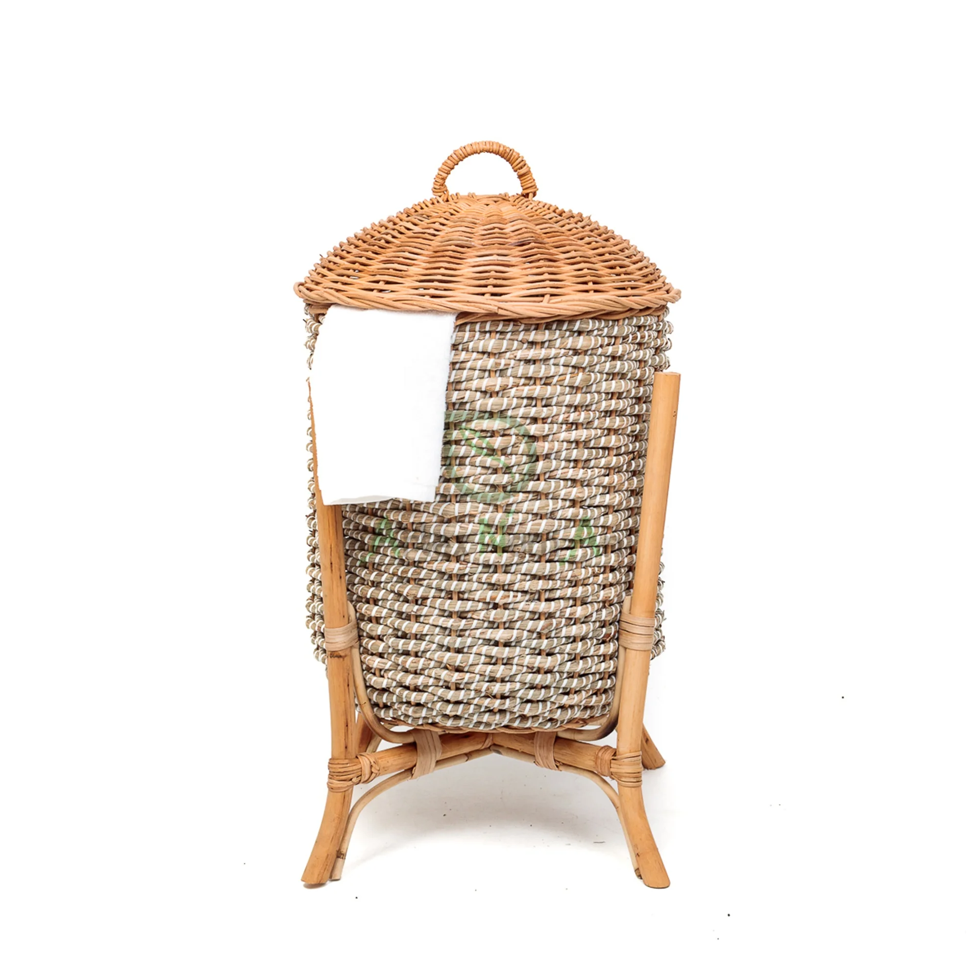 Household essentials large seagrass wicker laundry hamper with lid/freestanding clothes basket/tall storage basket with stand