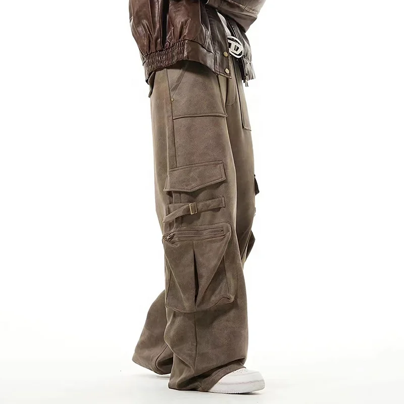 GDTEX custom denim jeans manufacturer baggy cargo pants men suede multi pocket oversize cargo pants men
