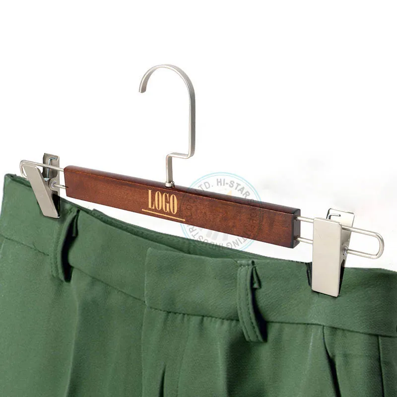 Custom logo wood wooden clip clothes trouser pants hanger
