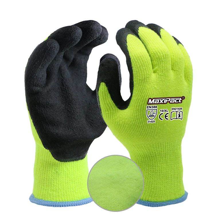 MaxiPact China factory 10G Acrylic Terry Brushed with black foam latex coated garden mens work gloves