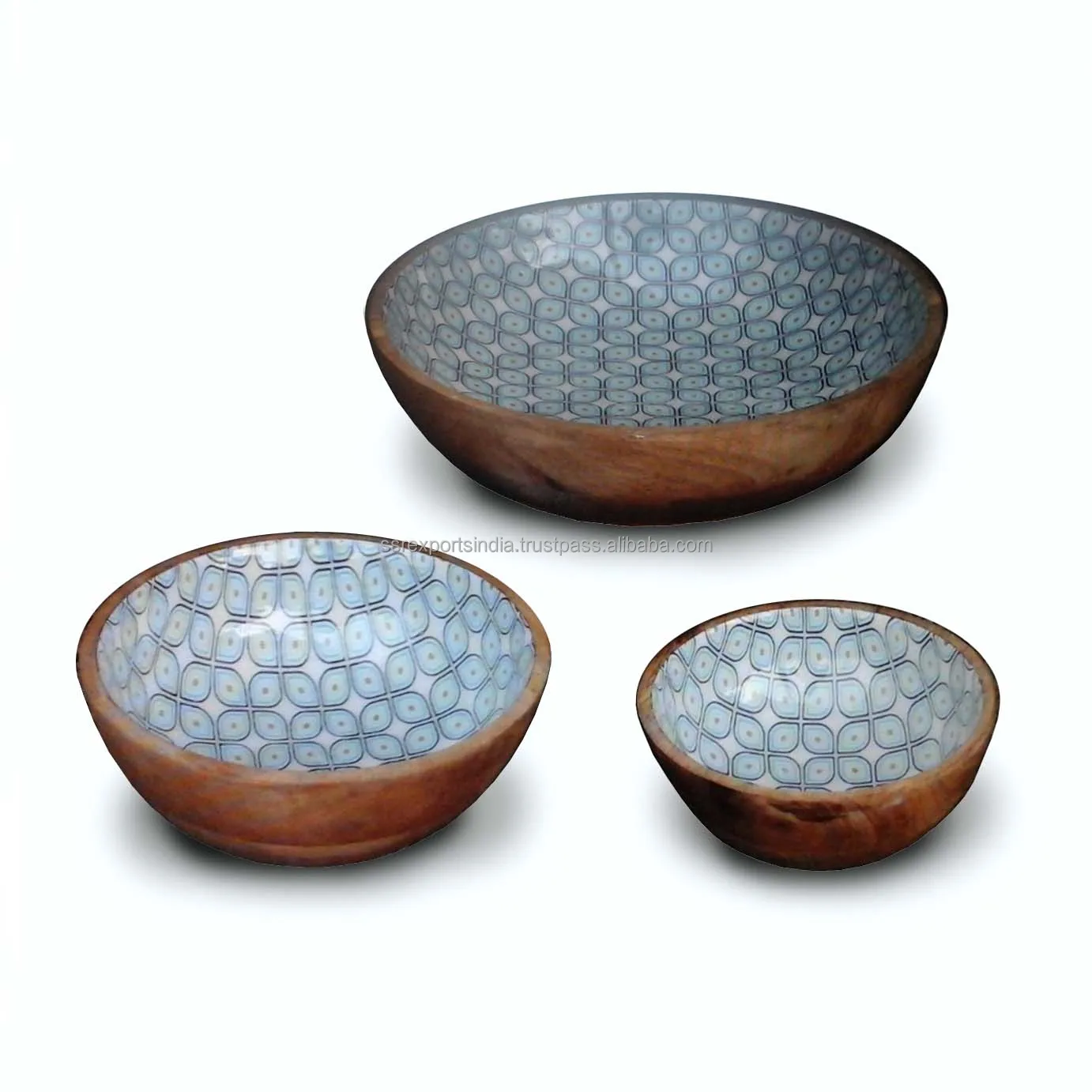 Customizable Enamel Hand Crafted Mango Wood Dining Bowl Set of 3 with server for multipurpose use and with best quality