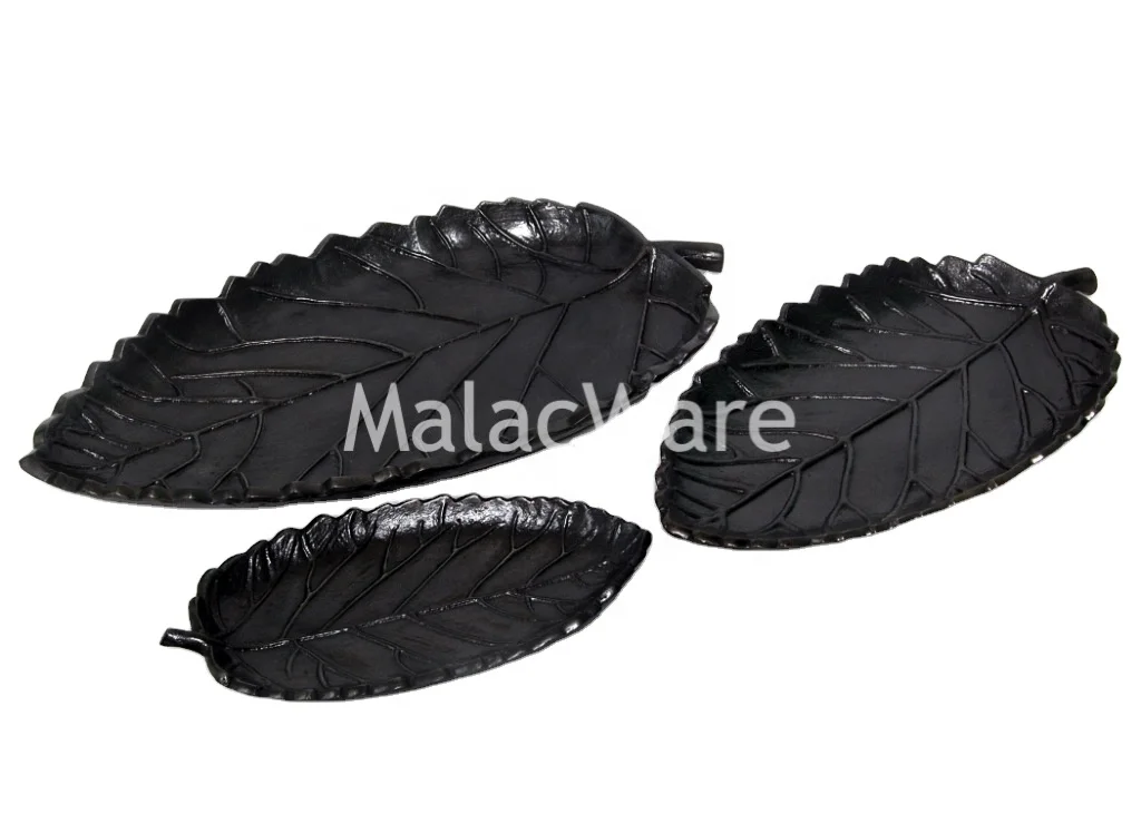 Leaf Shape  High Quality  Aluminum  Metal black plated Silver metal  leaf design hotel wedding usable decorative 3 platter set