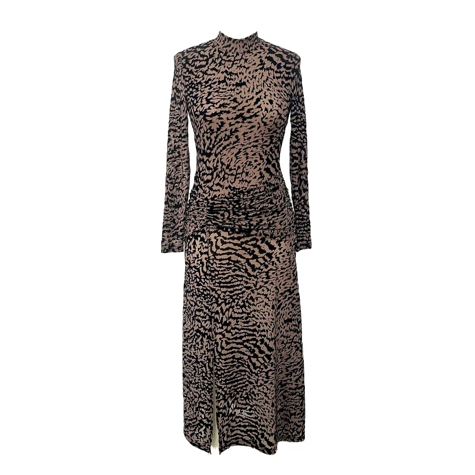 2024 tiger leopard print long sleeve sexy bodycon women midi dress club party evening elegant ladies  clothes