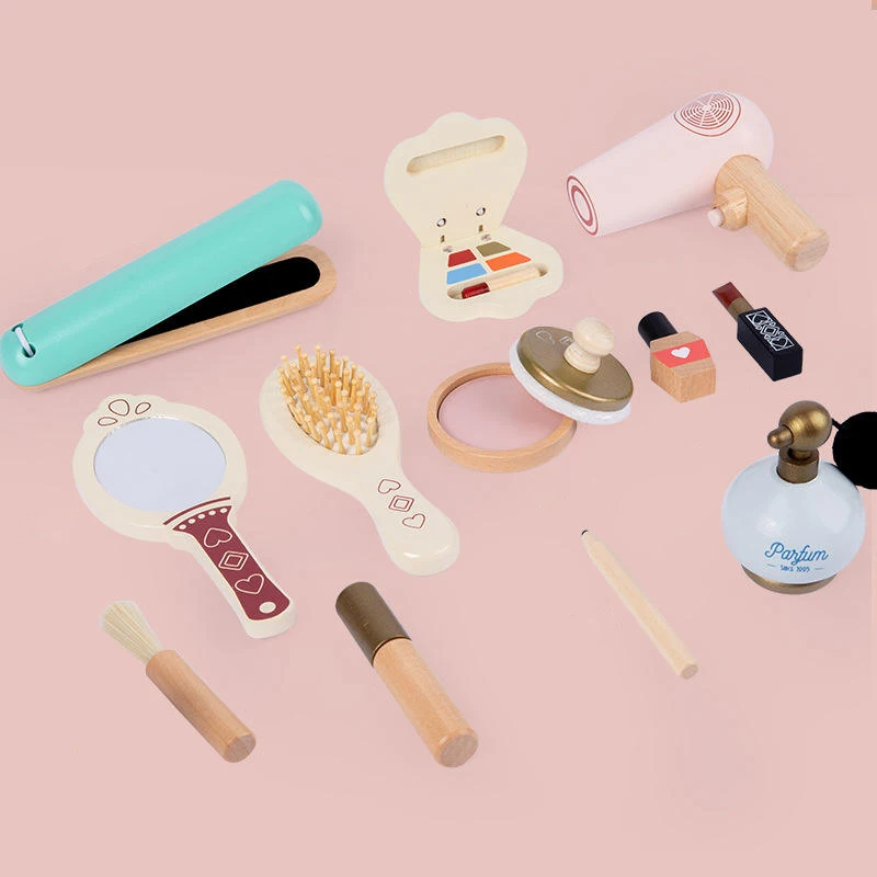 Multifunctional Kids Make up Toy Set Wooden Pretend Beauty Dresser Set Toys
