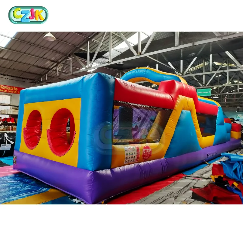 Red Yellow and Blue Inflatable Obstacle Course with Blower