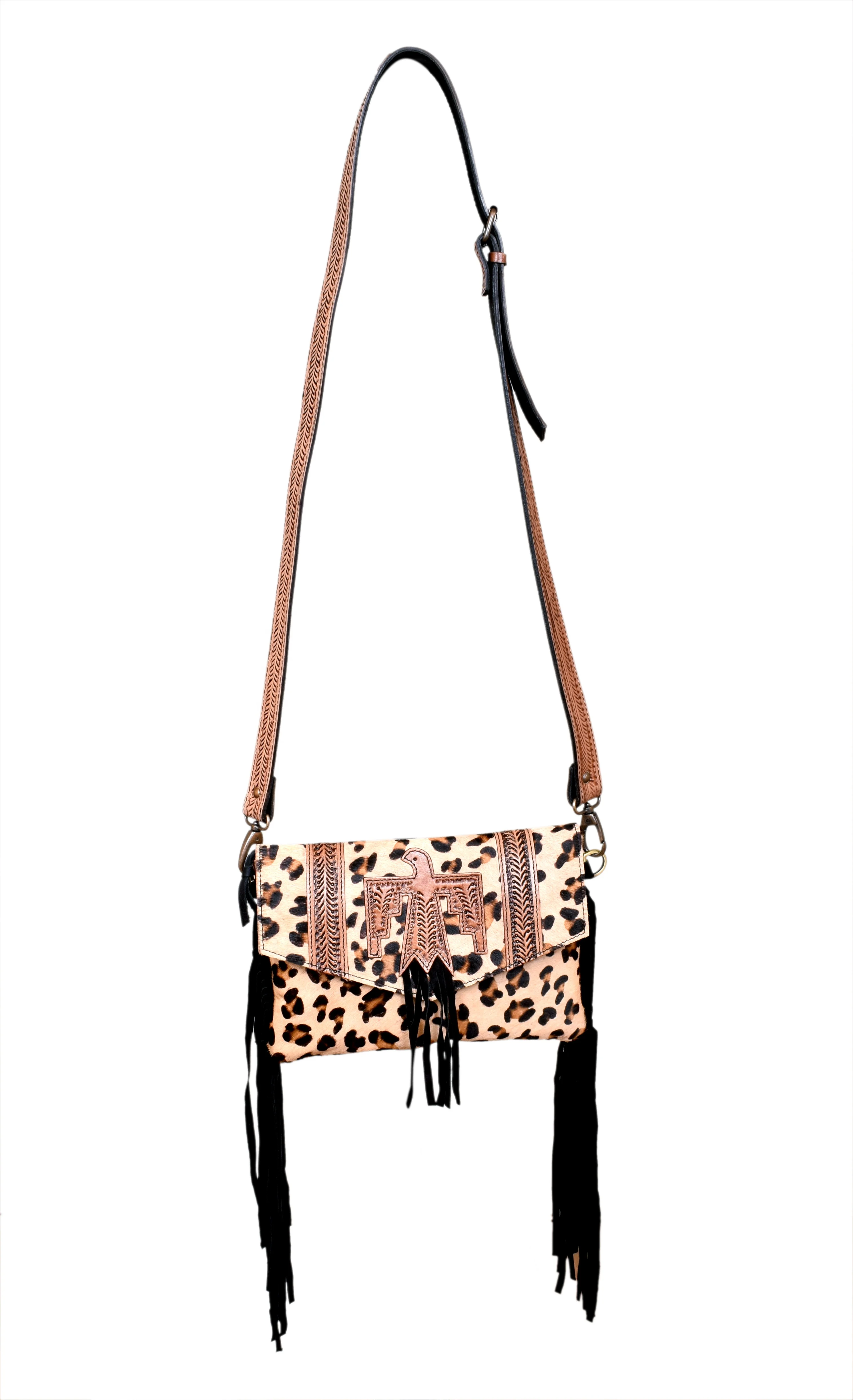 Flying Eagle Leopard Print Embossed Leather Handmade Hairon Fur Leather Crossbody Bag with Hand Tooled Matching Shoulder Strap