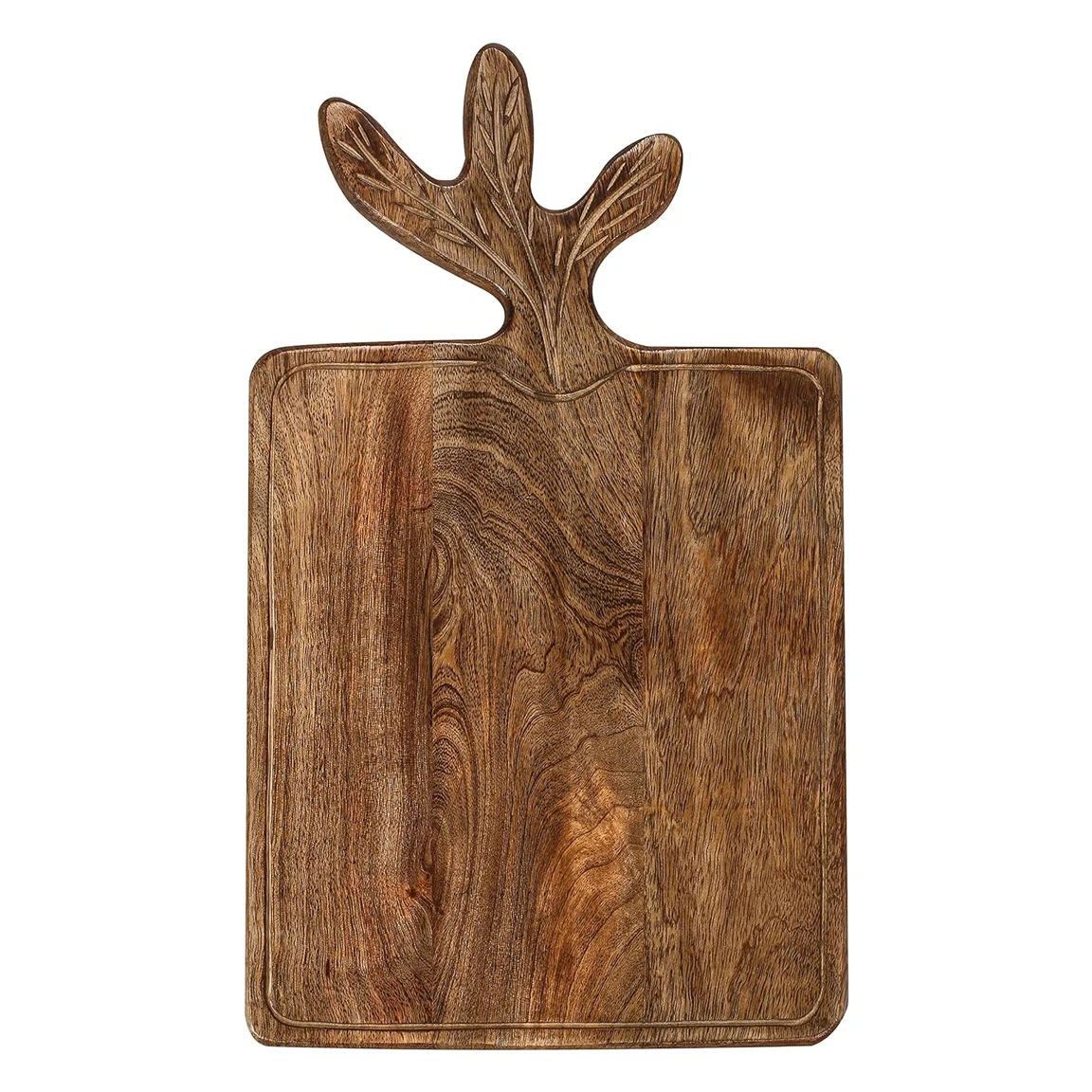 Top Selling Solid Mango Woods Cutting Board with Swamp Deer Horn Shape Handle Wooden Cutting and Serving Board at Factory Price