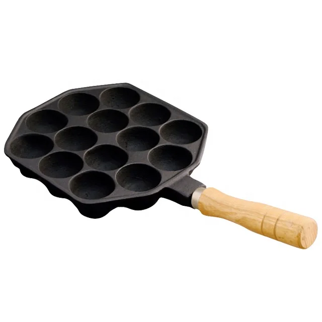 Takoyaki 14 Holes(GAS) with Wood Handle, Japanese Takoyaki Plate, Cast Iron Takoyaki Pan, Ikenaga Iron Works