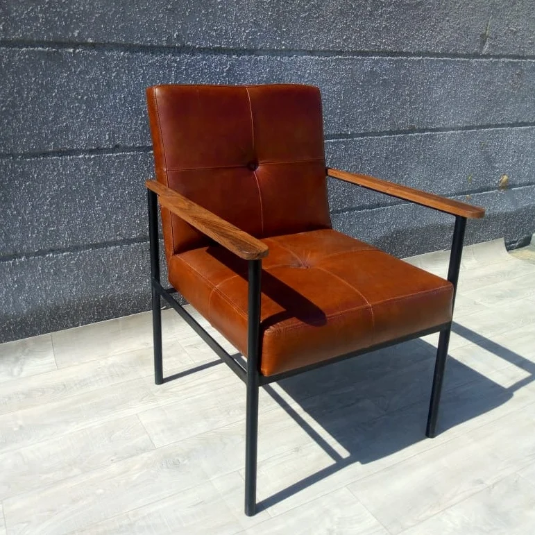Vintage Iron & Leather Office Chair with Wooden Arm Rest