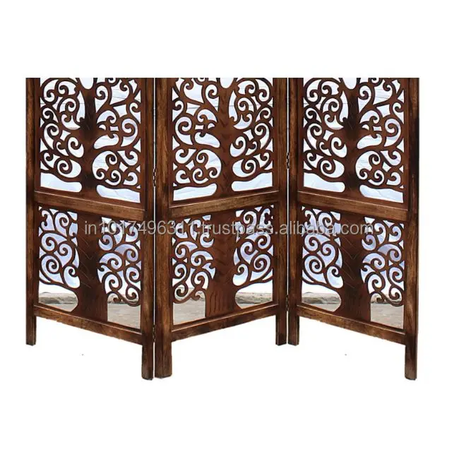 Handcrafted 3 Panel Wooden Room Partition & Divider (Brown) Solid Wood Decorative Screen (Free Standing)