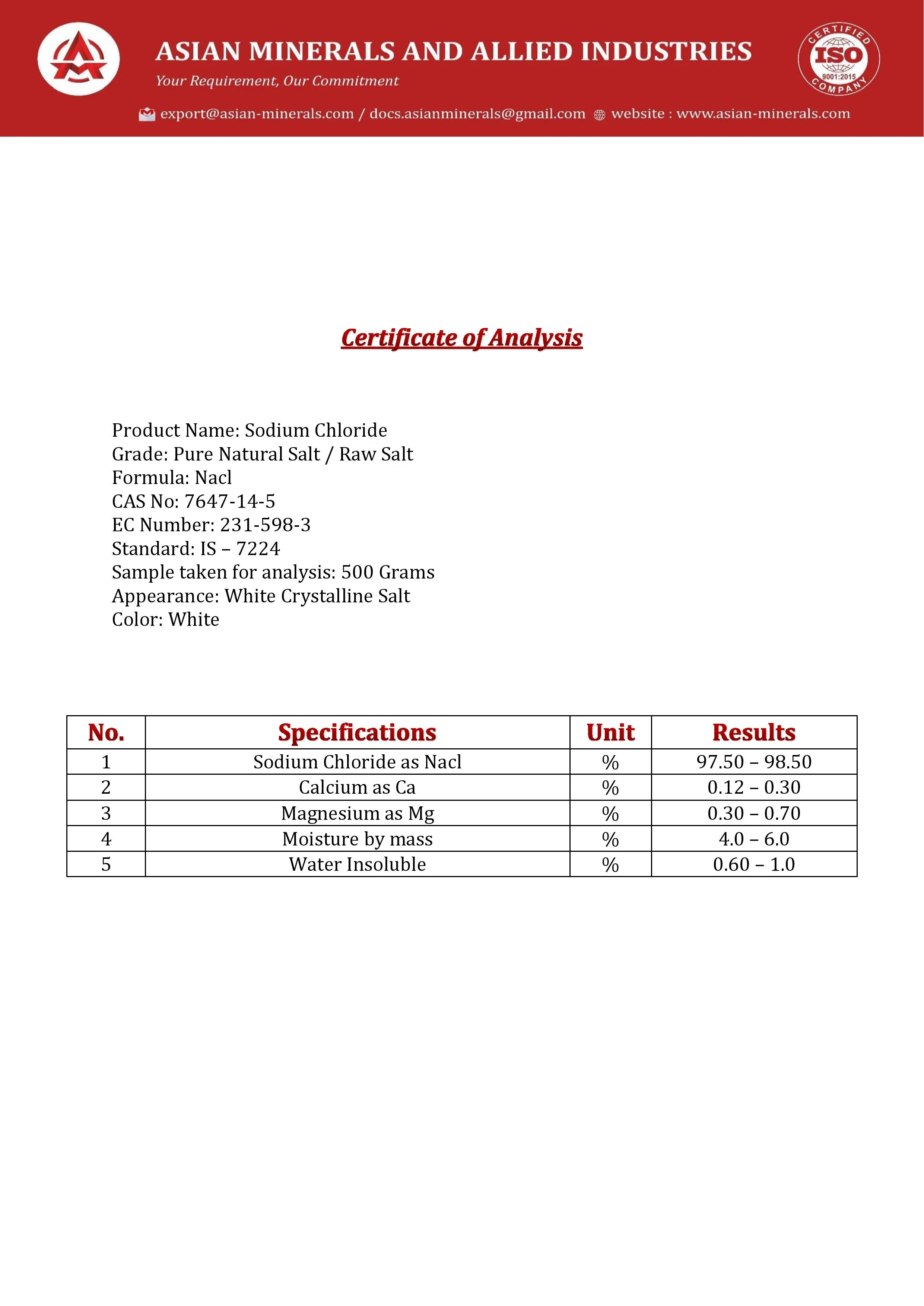 Sodium Chloride for Drilling Work Nacl 97.50 to 98.50 in 1000 Kgs / 1400 Kgs Bag from Asian Minerals and Allied Industries