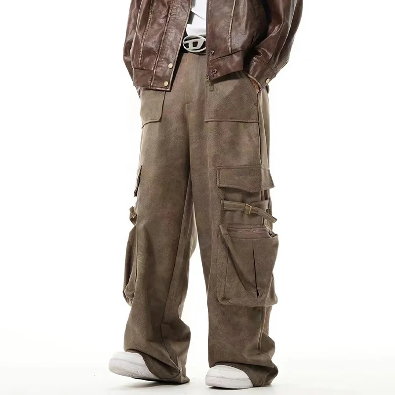 GDTEX custom denim jeans manufacturer baggy cargo pants men suede multi pocket oversize cargo pants men