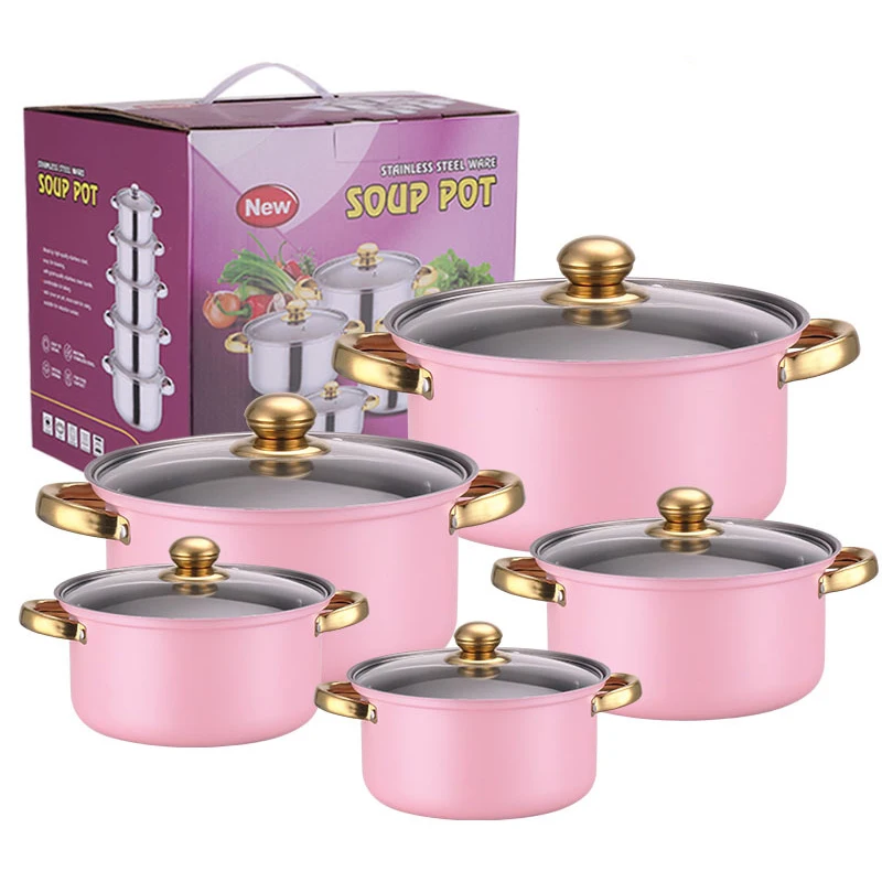 Home Cooking Stainless Steel 10pcs Cookware Set Golden Handle Custom Pots And Pans Cooking Pot Set