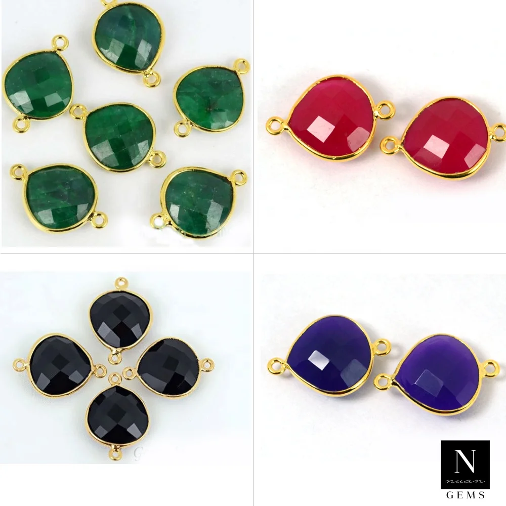 Bezel gemstone connector 14mm heart shape 24k gold plated double bail link supply