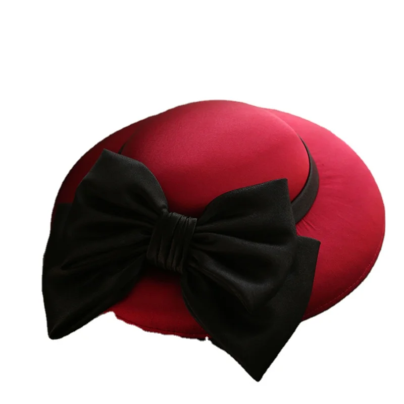 Women White Bow Big Brim Hat Court Banquet Dress Elegant Top Cap Lady British Style Wine Red Clip Hats for Four Seasons