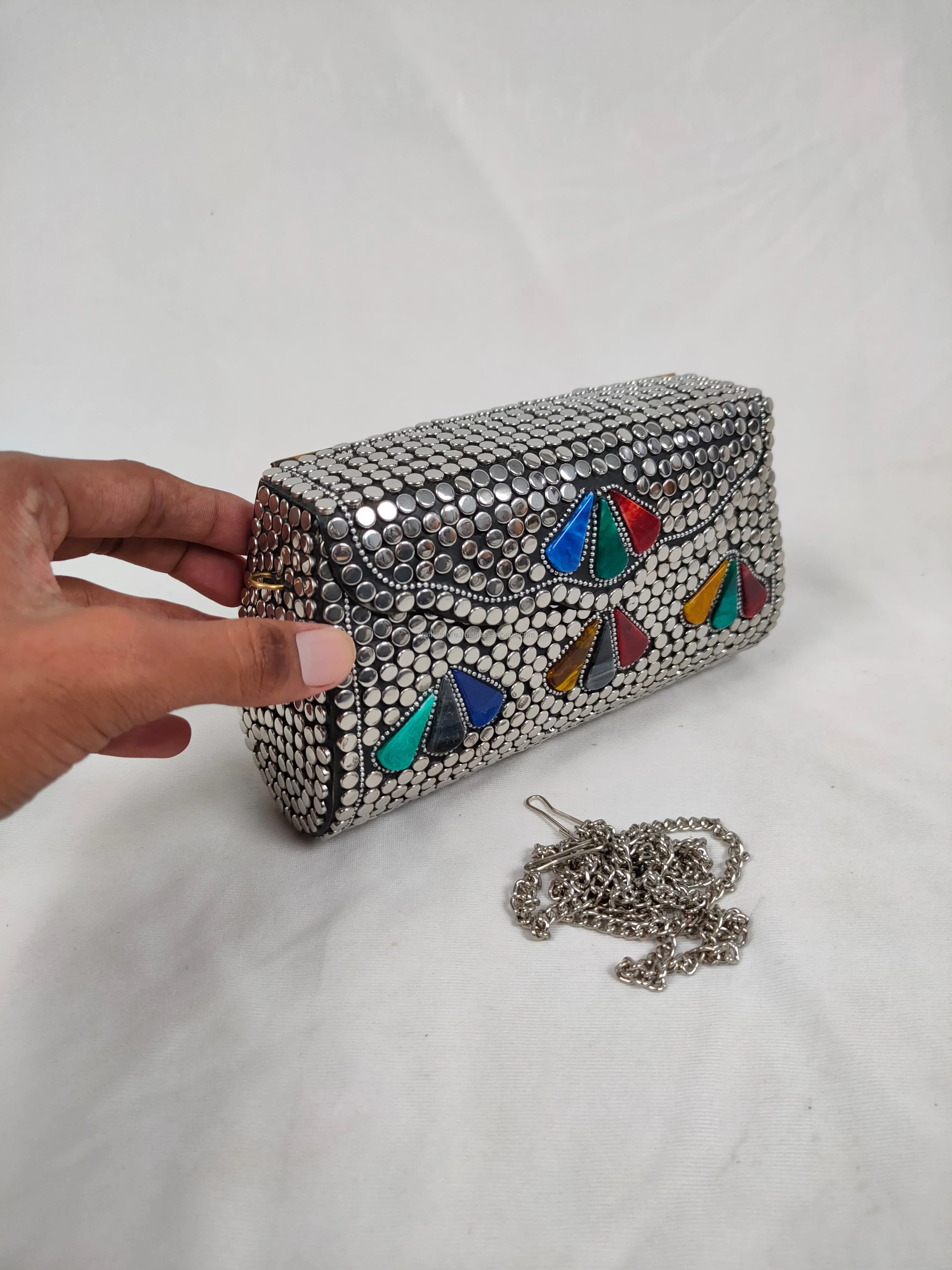 Handmade Metallic Clutch With Gemstone Accents Vintage-Inspired Clutch With Colorful Stones Women Clutch for Sale