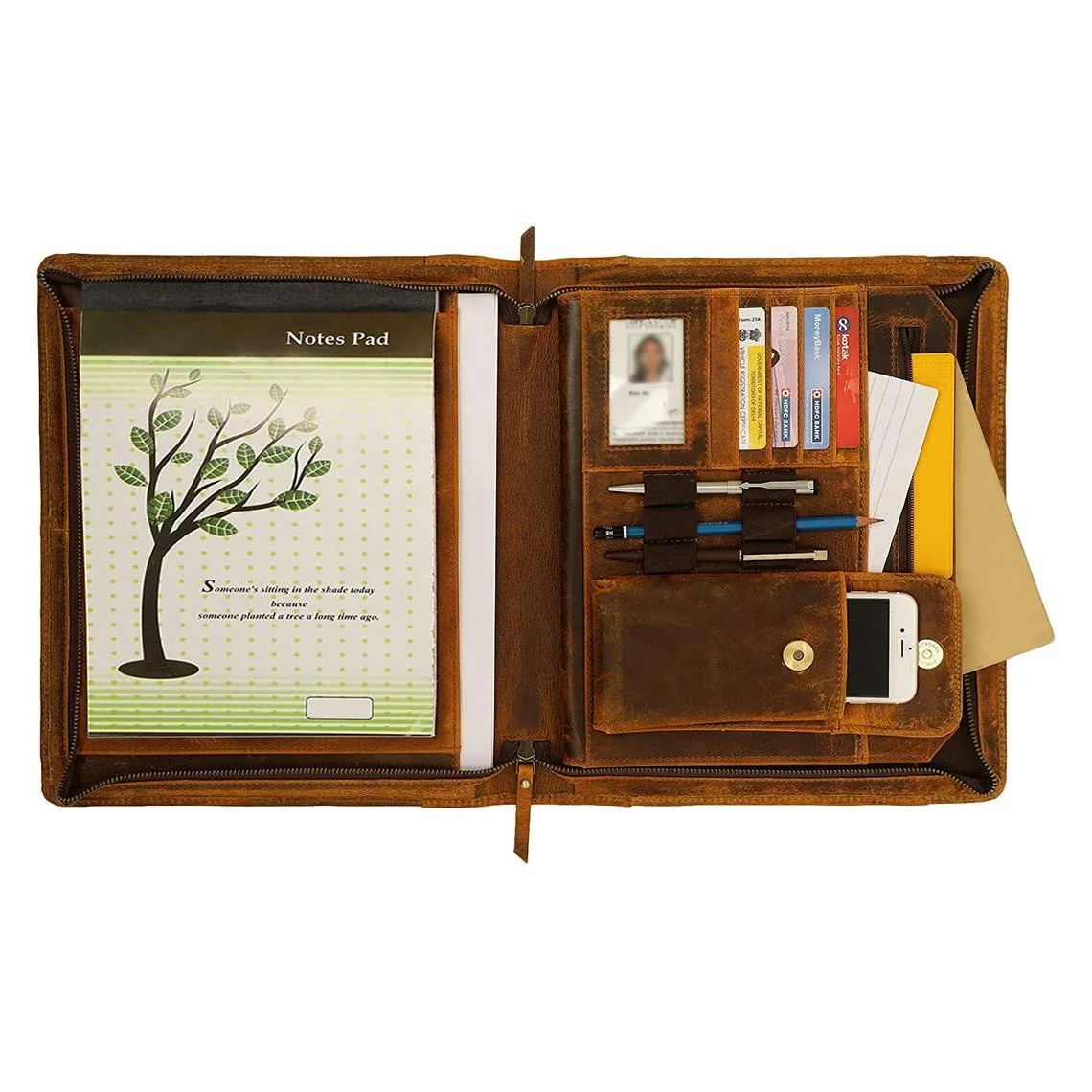 Durable Leather Portfolio, Easy to Carry Zip Closure Holder Leather Folder For Travel Document Holder