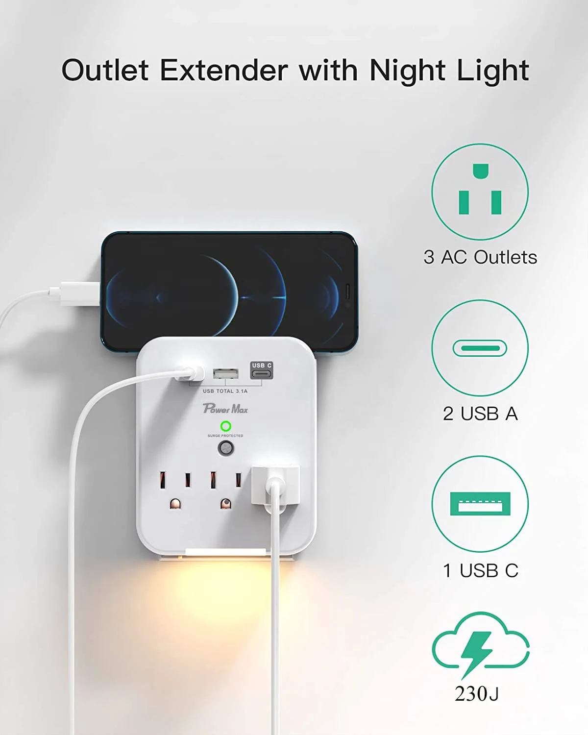 Hot Sale Wall Tap with USB,  ETL Certificate 3-outlet surge protector wall out extender with USB charging ports