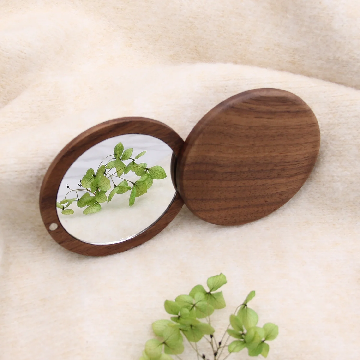 Round Walnut Wood Pocket Mirror Rotating Compact Makeup Mirror Wood Gift to Her