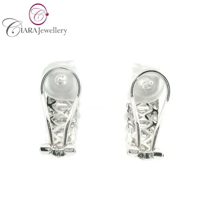 18K AU750 SOILD WHITE GOLD  REAL NATURAL DIAMOND DRESSING HOOP EARRING WITH OMEGA CLIPS