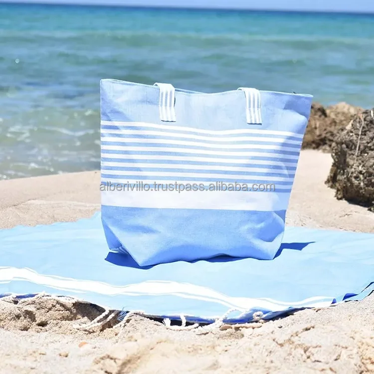 Wholesale Large Blue White Striped Beach Bag Big Oversized Cotton Canvas Shoulder Beach Tote Bag with Cotton Rope Handle