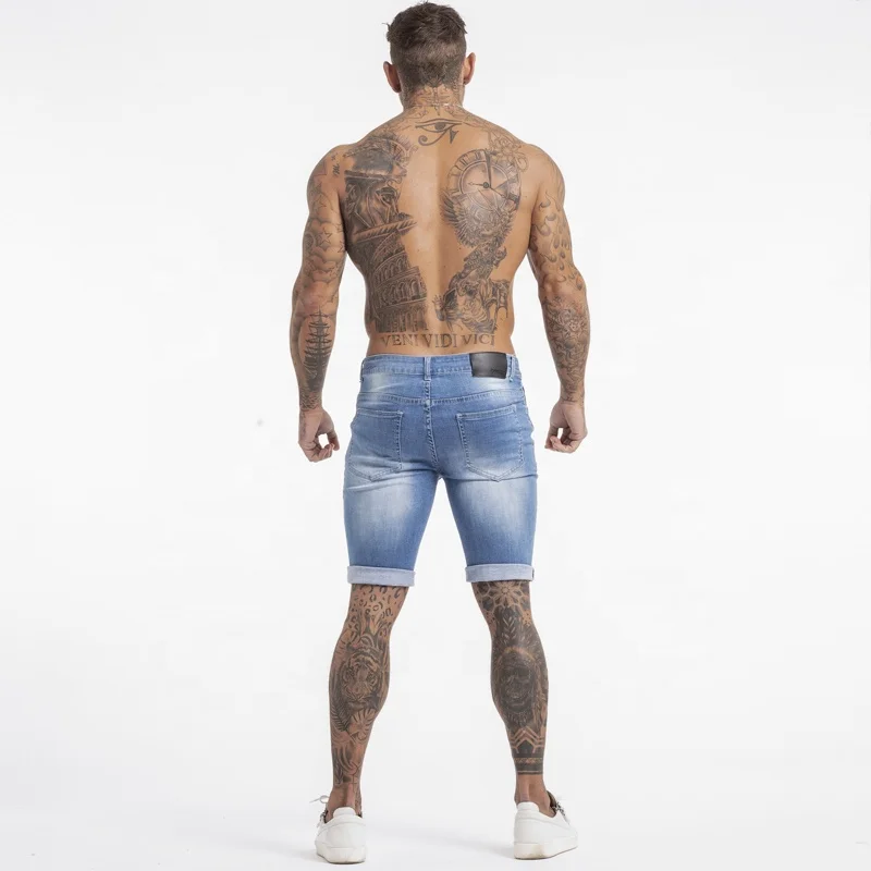 No MOQ Fashion Blue Men Plain Short Jeans Pants Casual Slim Fit Rolled up Cuff Stretch Skinny Shorts