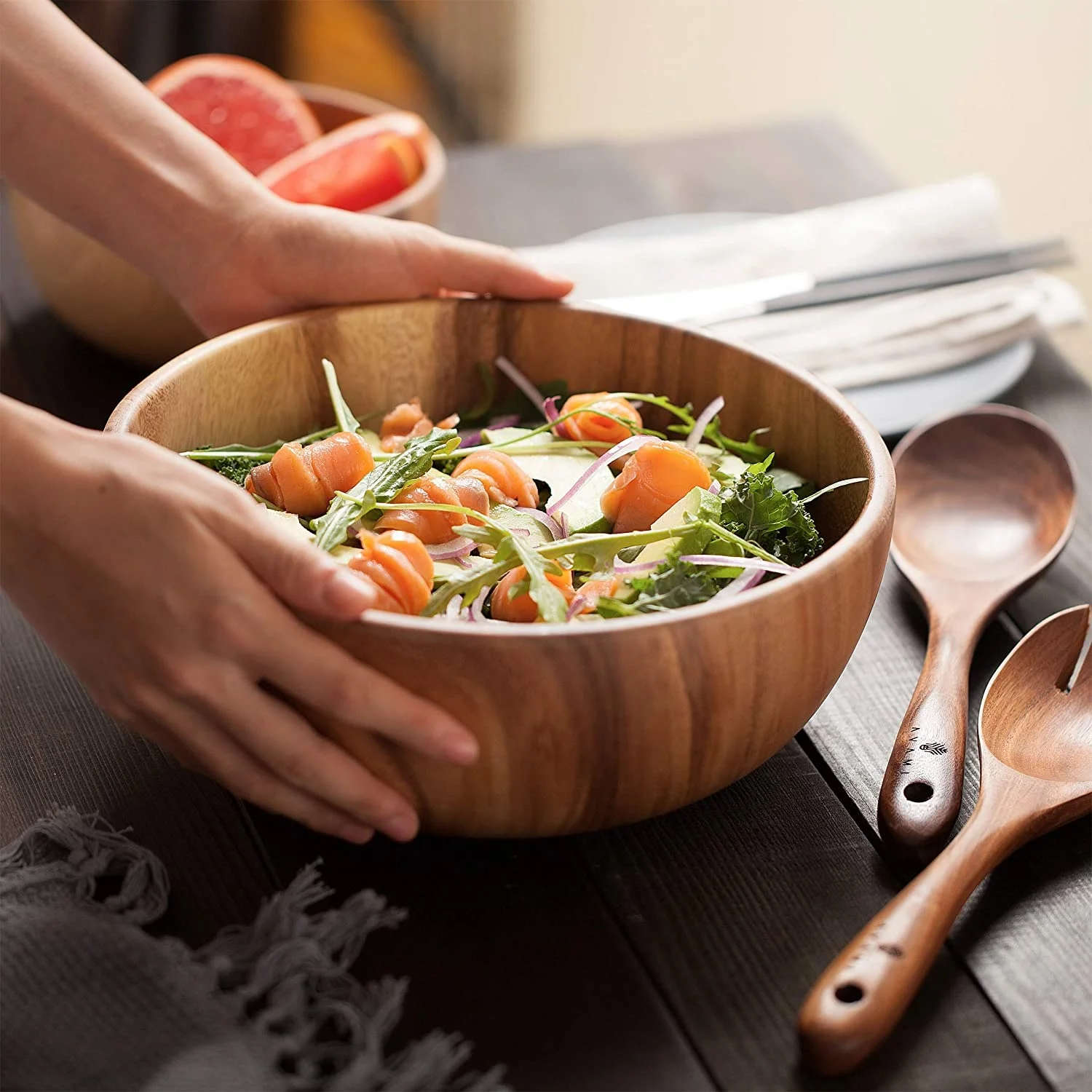 Acacia Wood Salad Bowl with Servers