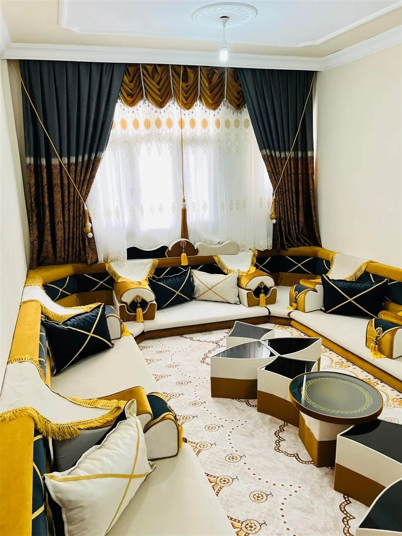 Ottoman Style Sofa Arabic Majlis Oriental Floor Seating | Sitting Height 15cm  |  Sofa + Wool Carpet + Curtain + Table Set FULL