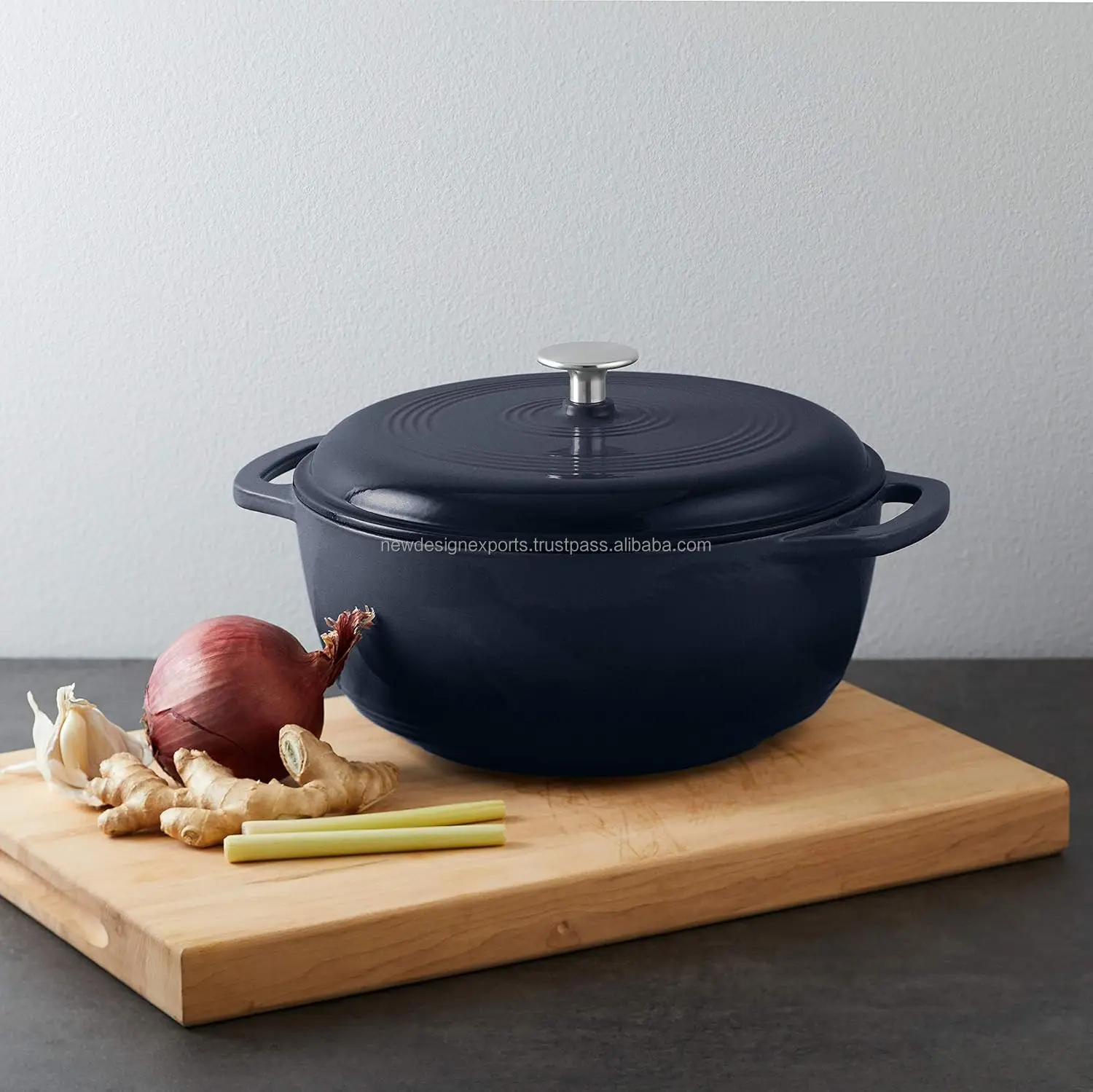 Matte Navy Cast Iron Round Dutch Oven with Lid and Dual Handles casserole with lid