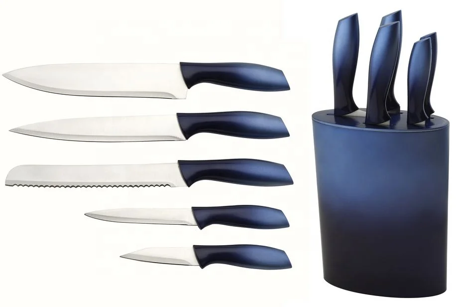 Yangjiang Factory, 5pc kitchen Chef bread slicer knife set stainless steel blade rose gold color handle in rose gold block