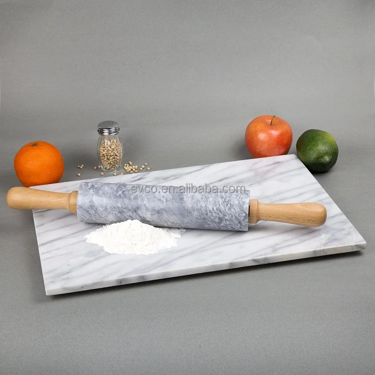 Natural White Marble Rolling Pin with Deluxe Wood Handles and Cradle