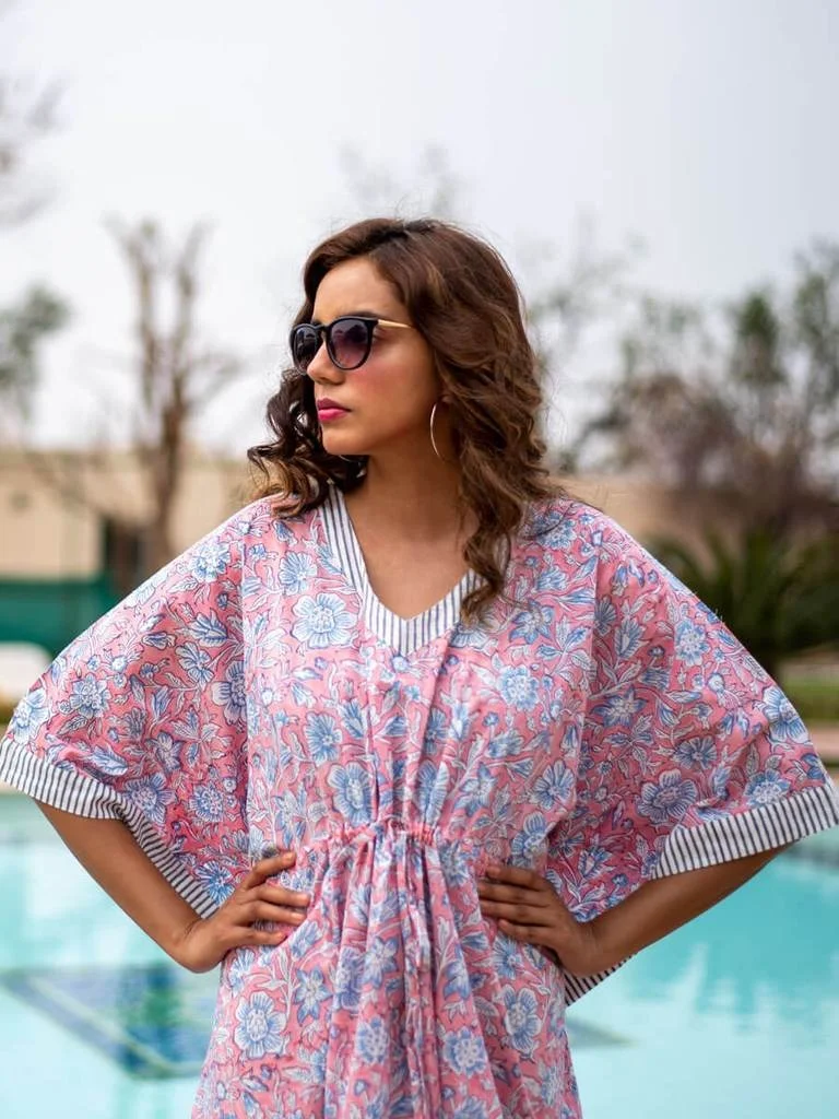 Удивительная Новая Летняя коллекция розовый хлопковый кафтан с ручным принтом женская ночная одежда платье Довольно удобное для уютных ночей