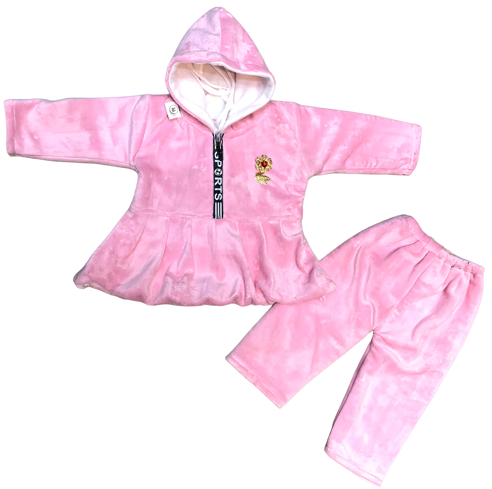 Solid Soft Shearing Wool Jacket Pajama Set Baby Girls Winter Wear Hooded Neck Stock Item India Made 3Months-18Months Color