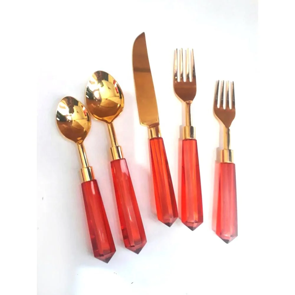 Plain Black Handmade Resin Handle Stainless Steel Gold Plated Designer Seven Piece Flatware Set in a Gift Box