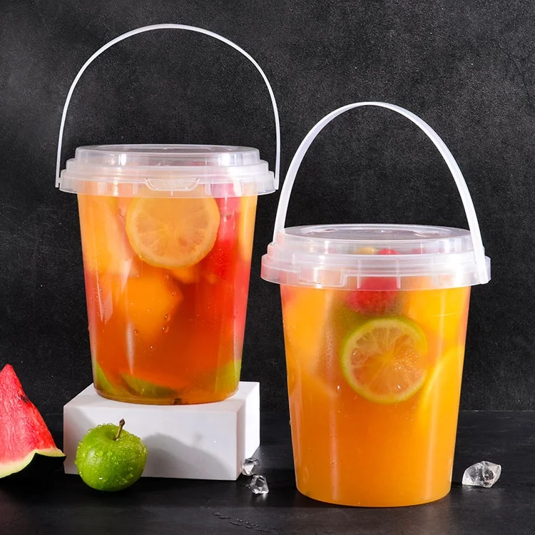 32 Oz Plastic Drink Buckets Wholesale Disposable Fruits Container Clear Bucket 1000ml pp drink plastic cup with handle