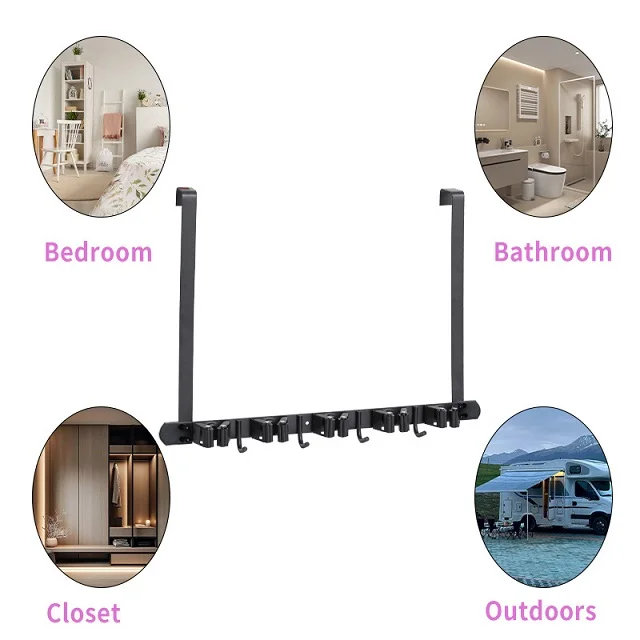 Stainless Steel Over The Door Broom Holder with Hook Broom Storage Tool Organizer for Laundry Matte Black Hanging Mop Holder