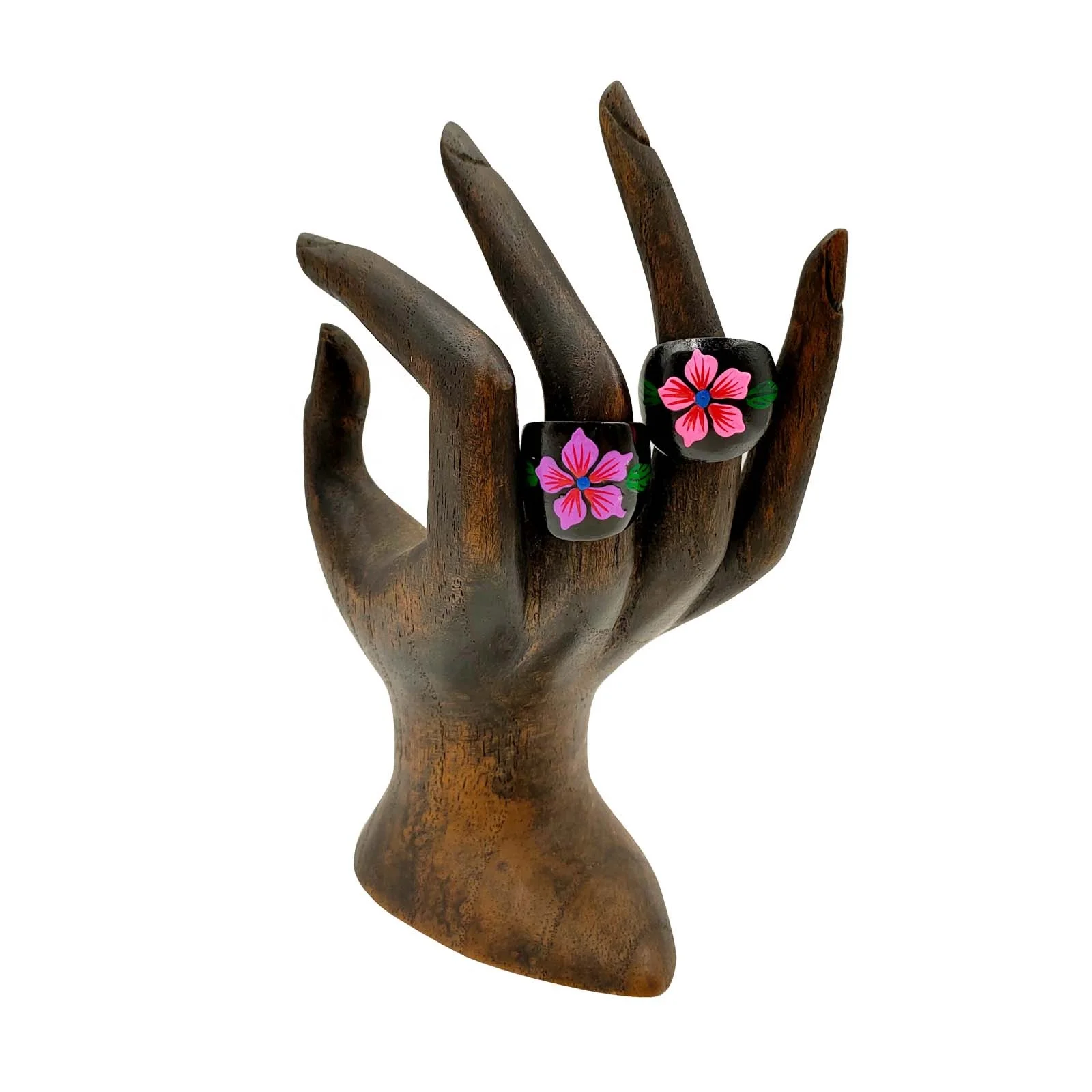 Fashion Jewelry Vintage Black Wooden Floral Leaf Hand Painted Assortment Boho Chic Rings For Women Men