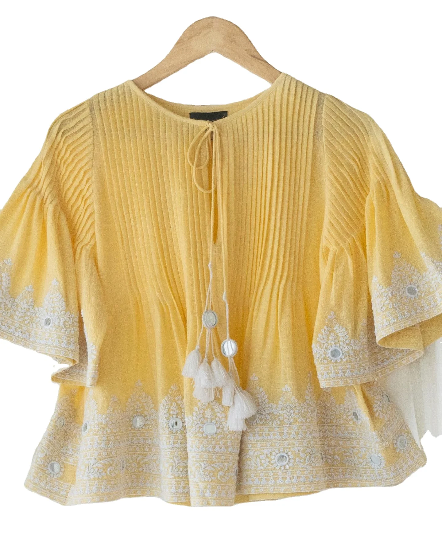 Handmade Embroidered Short Sleeves Mirror Work Tuckes Stich Cotton Gathered Tunic Top for Women