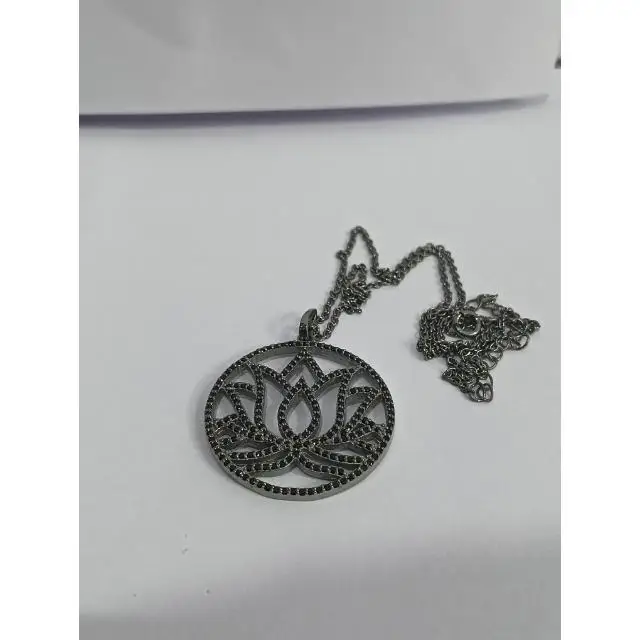 Lotus Flower Pendant Black Oxidized 925 Sterling Silver 14k Gold Plated Studded Pave with Topaz Pendant Necklace