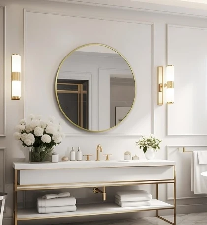 Simple black gold slivier 24inch tempered glass aluminum alloy round metal shower wall decorative vanity mirror