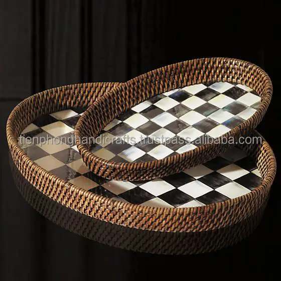 New collection SET Of 2 Rattan Tray With Mother Of pearl made in Vietnam Wholesale