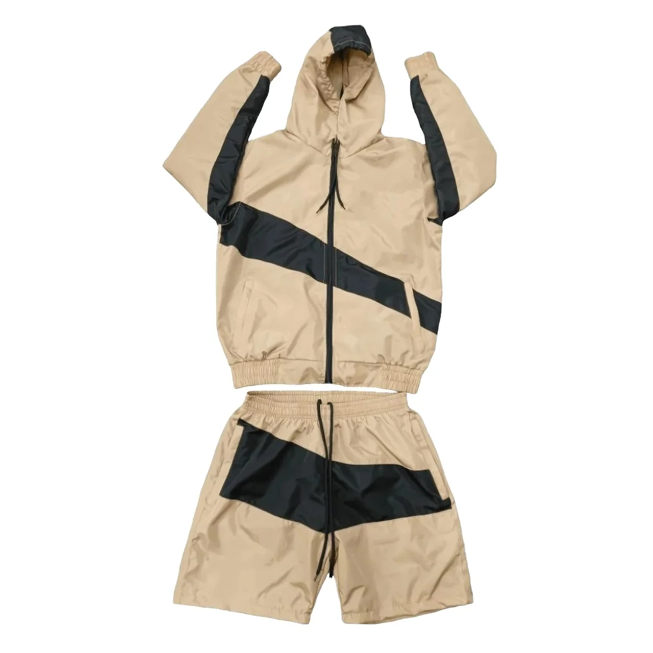 Custom Logo Print Two Piece Windbreaker Short Jacket Patchwork Zip up Nylon Polyester Streetwear Tracksuit Windbreaker Short Set