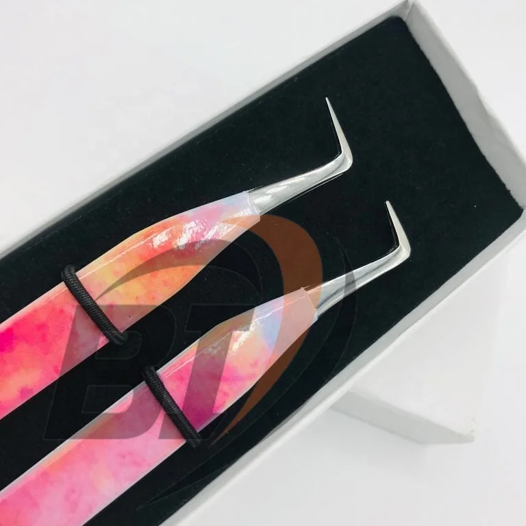 90 Degree Slim Boot Custom Design Paper Coated Stainless Steel Private Logo Hand Tested Volume Eyelash Tweezers