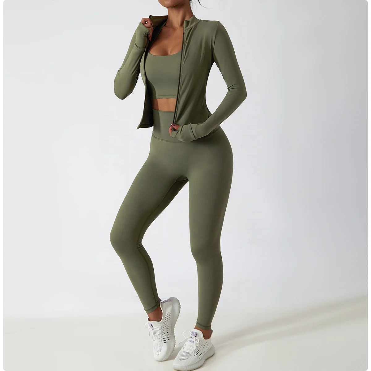 2023 Wholesale Fitness Jackets and High Waist Leggings Gym Fitness Sets Sexy Butter Soft Yoga 3 Piece Workout Set Women