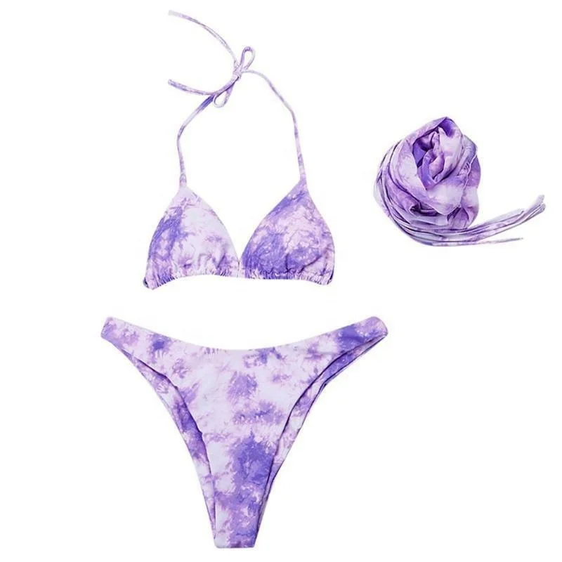 Women Sexy Tie-Dye 3pcs Bikini Set Green  Halter Triangle Swimsuit with Sarong Skirt Wholesale Multicolor Tie-Dye Bikini Set